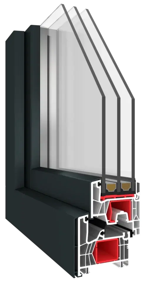 Vue en coupe 3D du châssis Kömmerling 76 MD anthracite avec triple vitrage et renforts acier