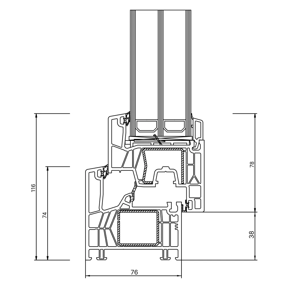 Plan technique en coupe du profilé Kömmerling 76 MD : 76 mm de profondeur, 116 mm de hauteur d’ensemble